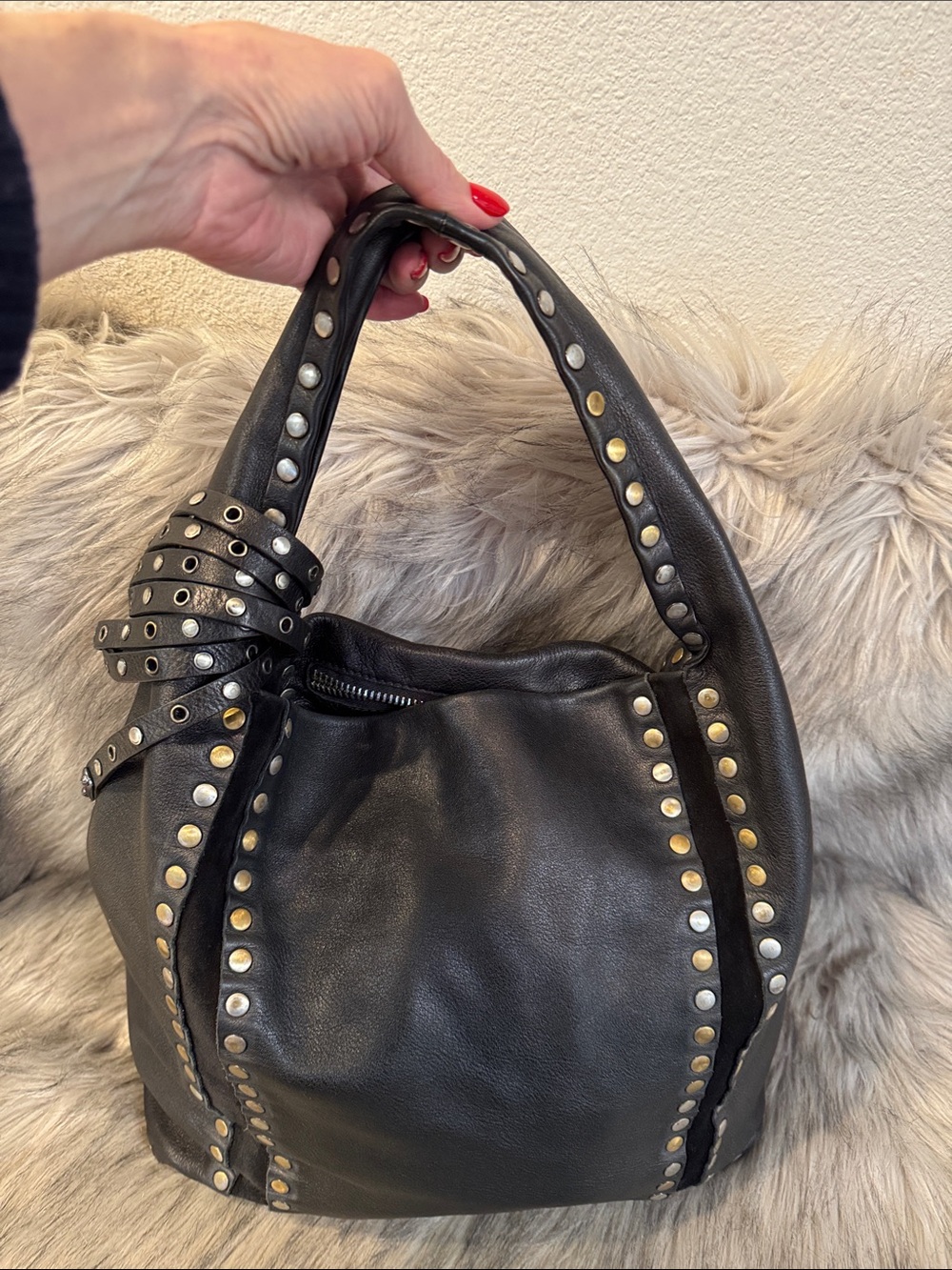 Authentic Jimmy Choo Black Stud-Trim Leather Shoulder Bag